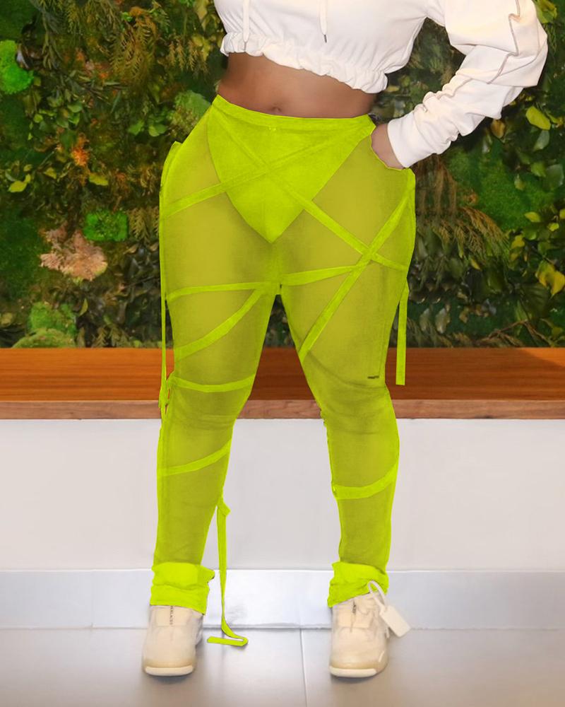 

Sheer Mesh Strappy Sporty Pants, Green