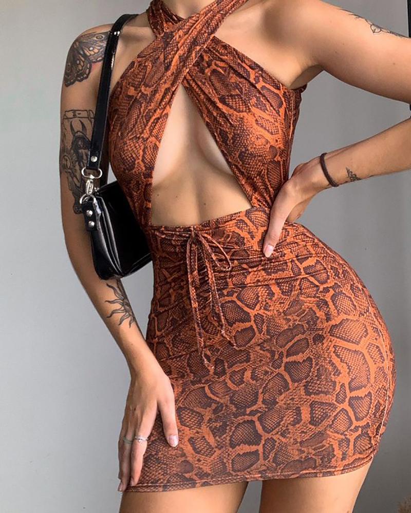 

Halter Backless Cutout Front Cheetah Print Dress, Brown