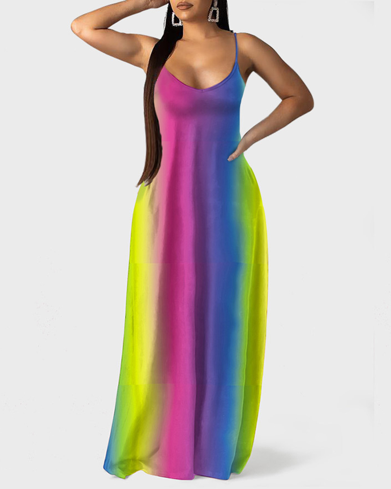 

Spaghetti Strap Rainbow Colorblock Maxi Dress, Hot pink