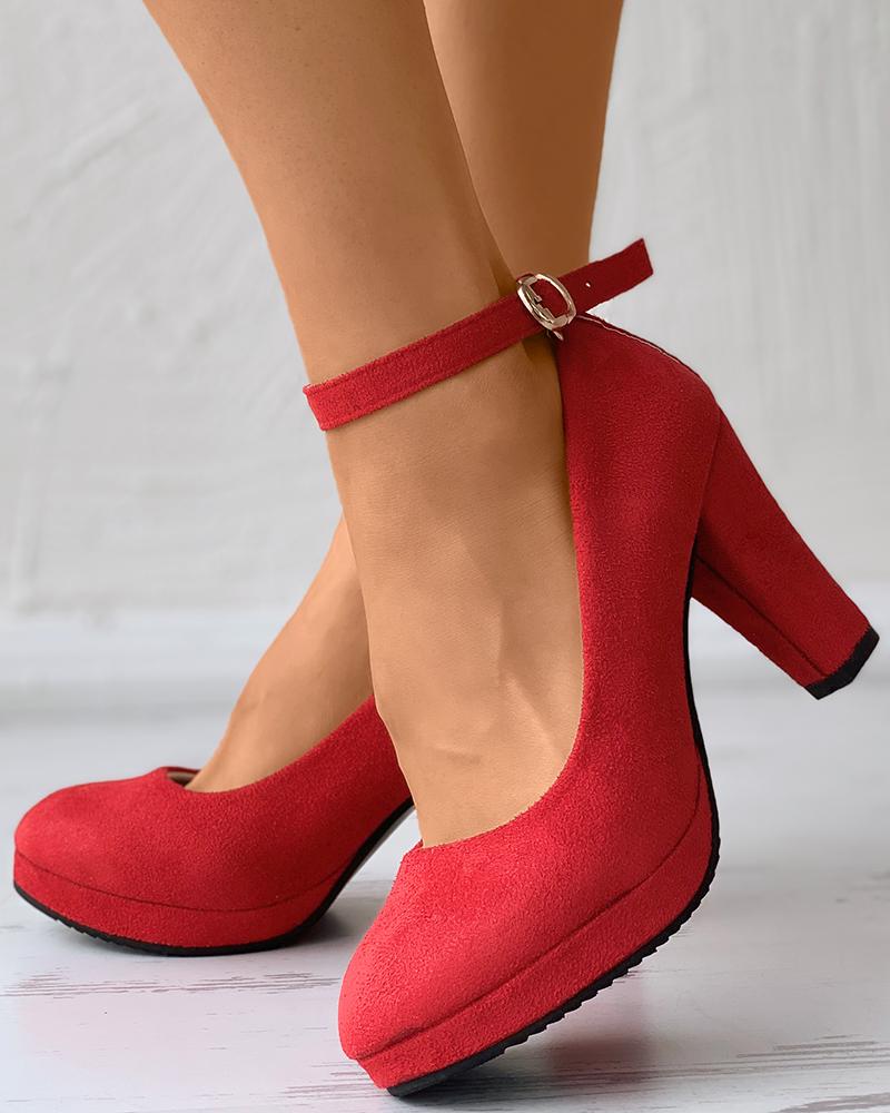 

Suede Ankle Strap Chunky Heels, Red