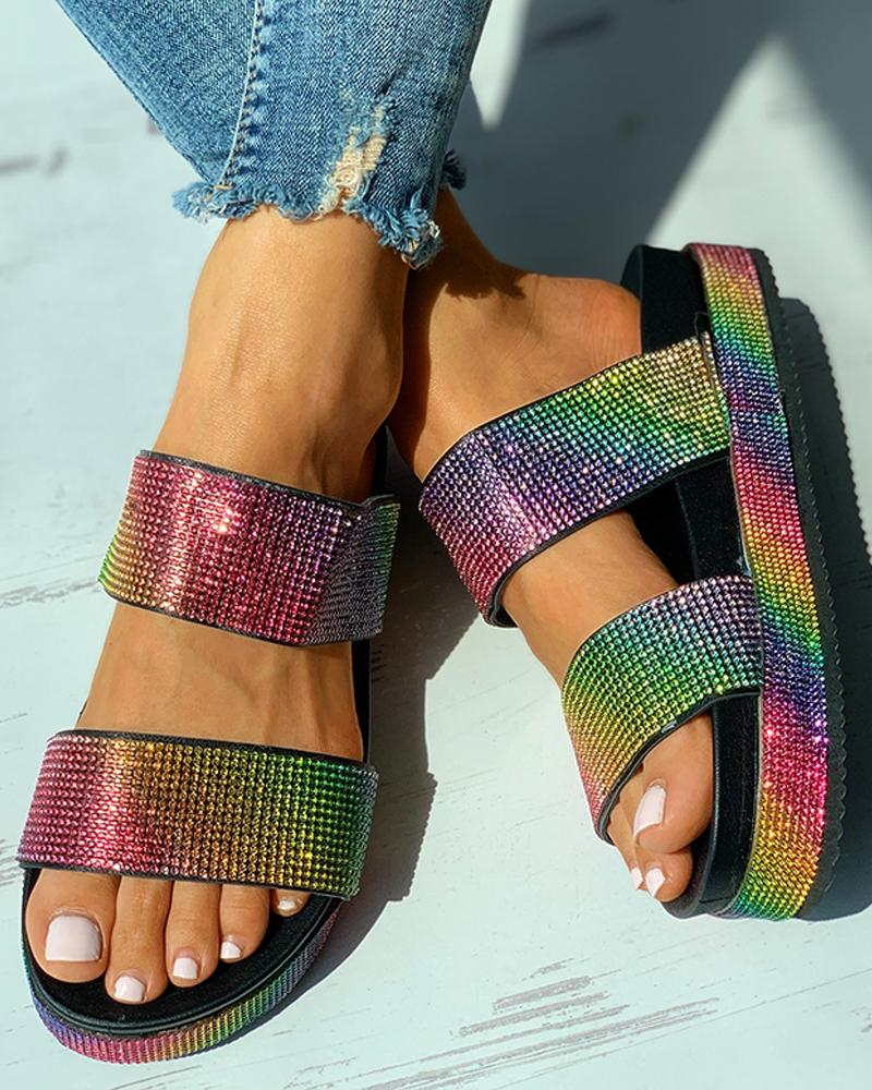 

Open Toe Rhinestone Platform Slide Slippers, Multicolor