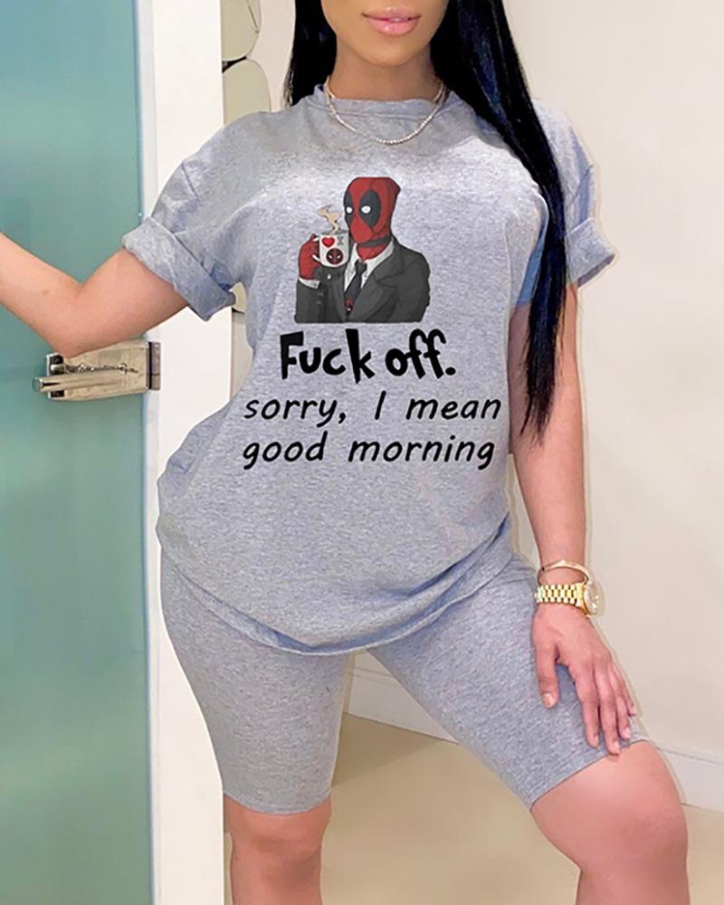 

Letter Cartoon Print Casual Top & Short Set, Gray