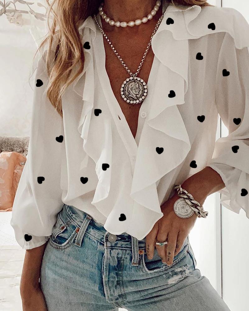

Women's Heart Print Ruffles Long Sleeve Top, White