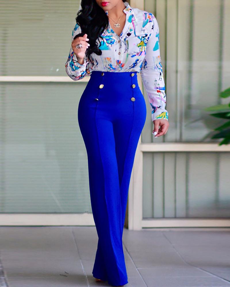 

Double-breasted High Waist Wide Leg Pants, Blue