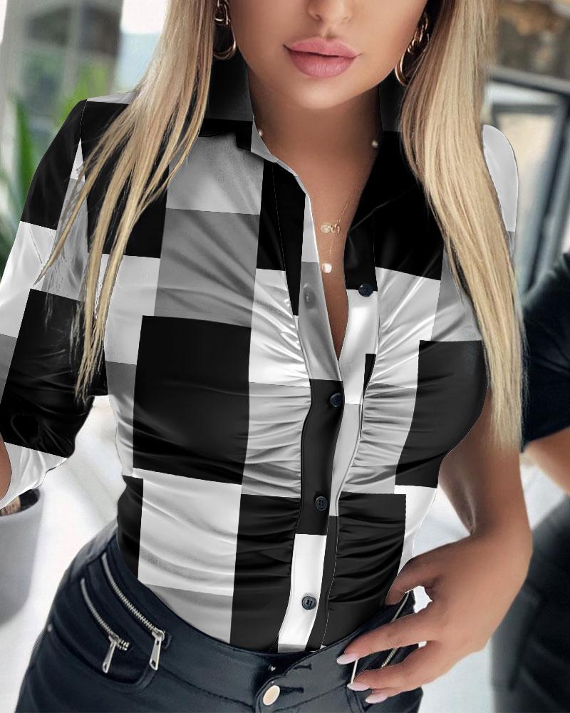 

Geometric Print Ruched Button Down Shirt, Black