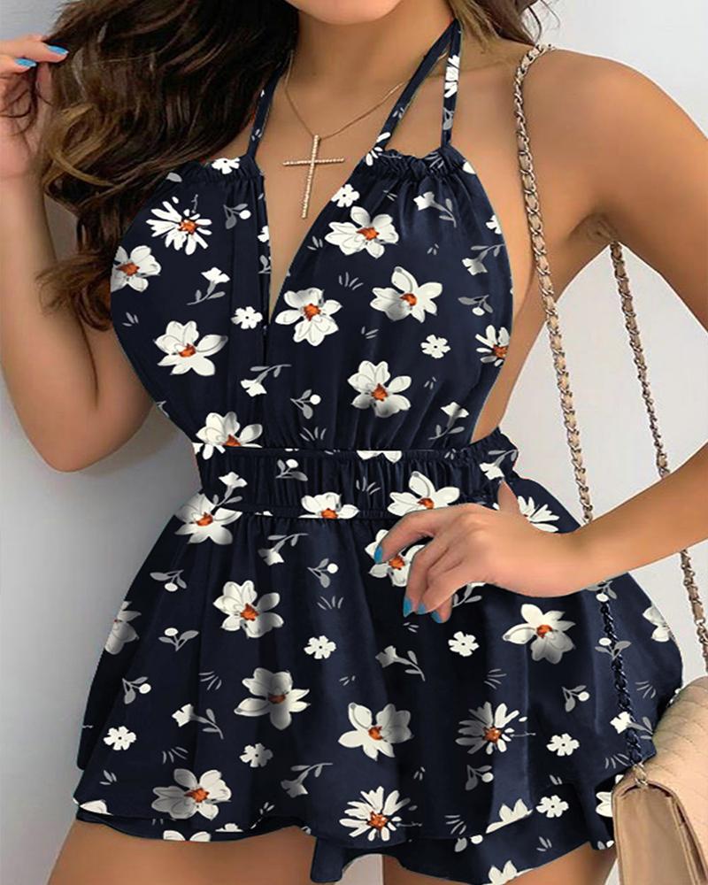 

All Over Print Backless Halter Sleeveless Mini Dress, Blue