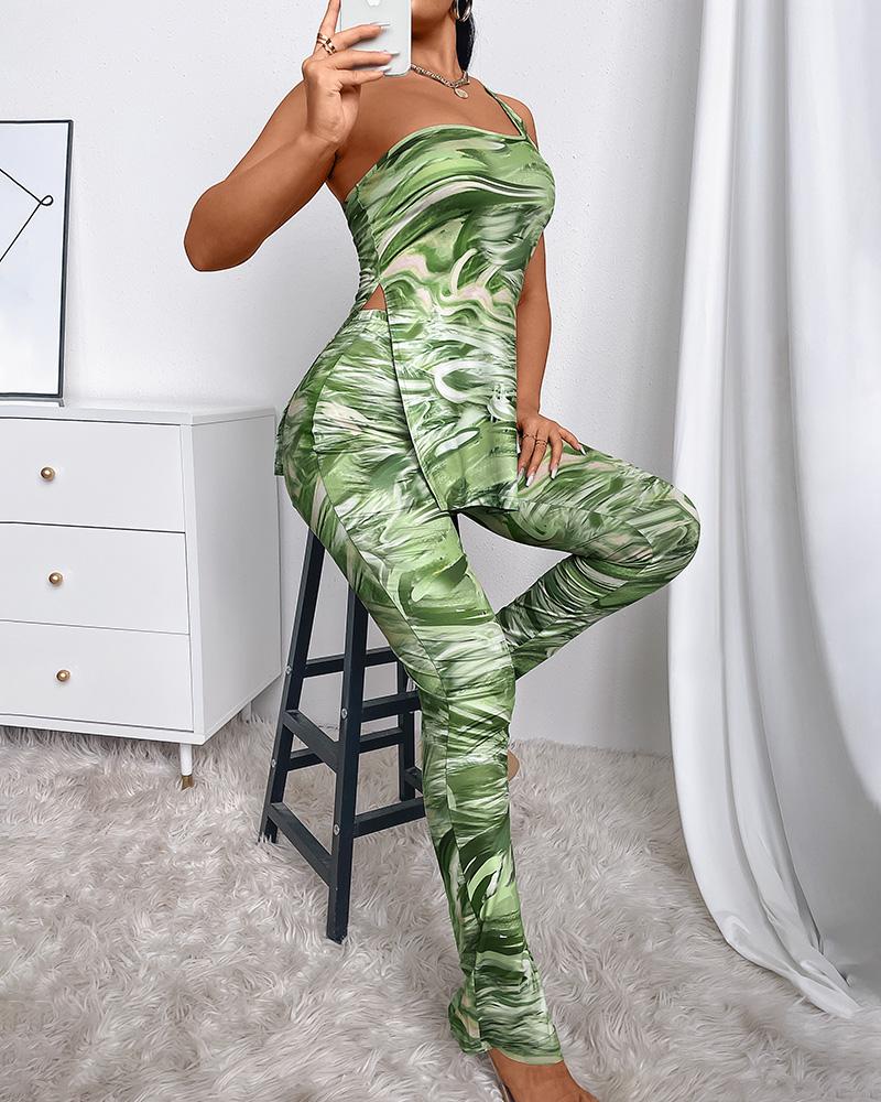 

Marble Print One Shoulder Split Hem Top & Skinny Pants Set, Green