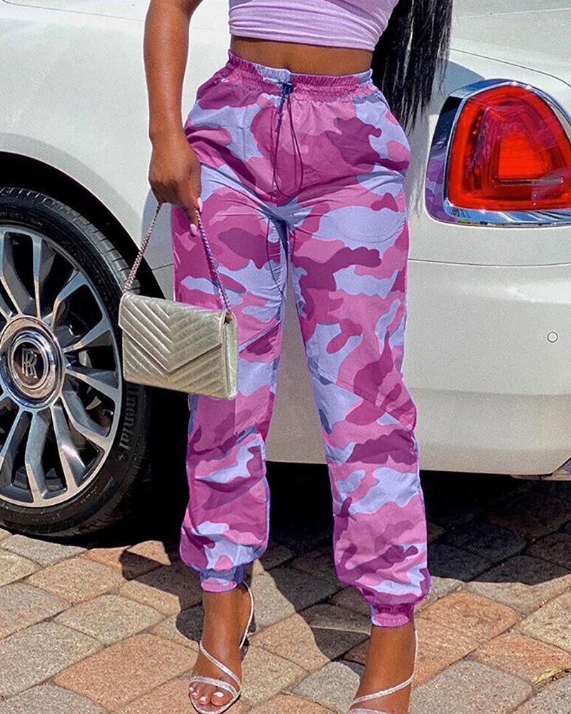 

Drawstring Camouflage Print Pocket Design Pants, Pink