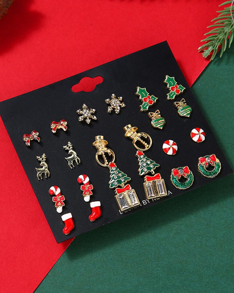 

12Pairs Christmas Tree Bowknot Candy Cane Gift Snowflake Elk Shaped Graphic Earrings Set, Red