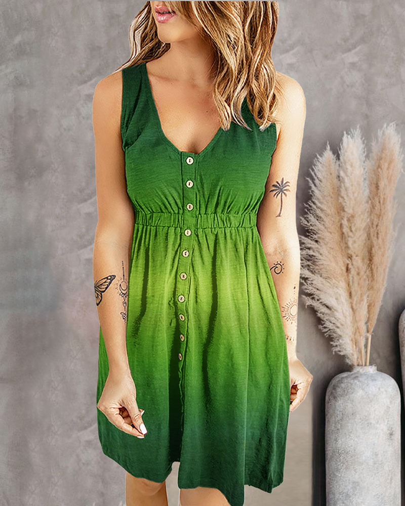 

Ombre Button Front Sleeveless Casual Dress, Green