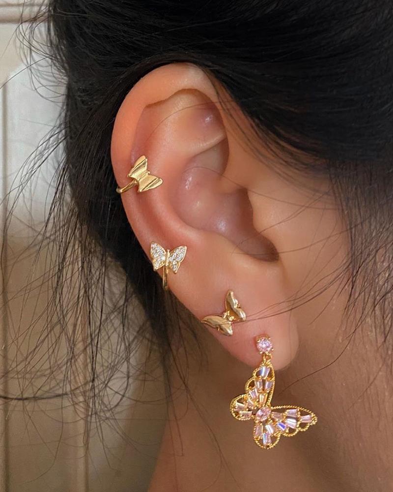 

4pcs Butterfly Shaped Rhinestone Decor Earrings, Gold