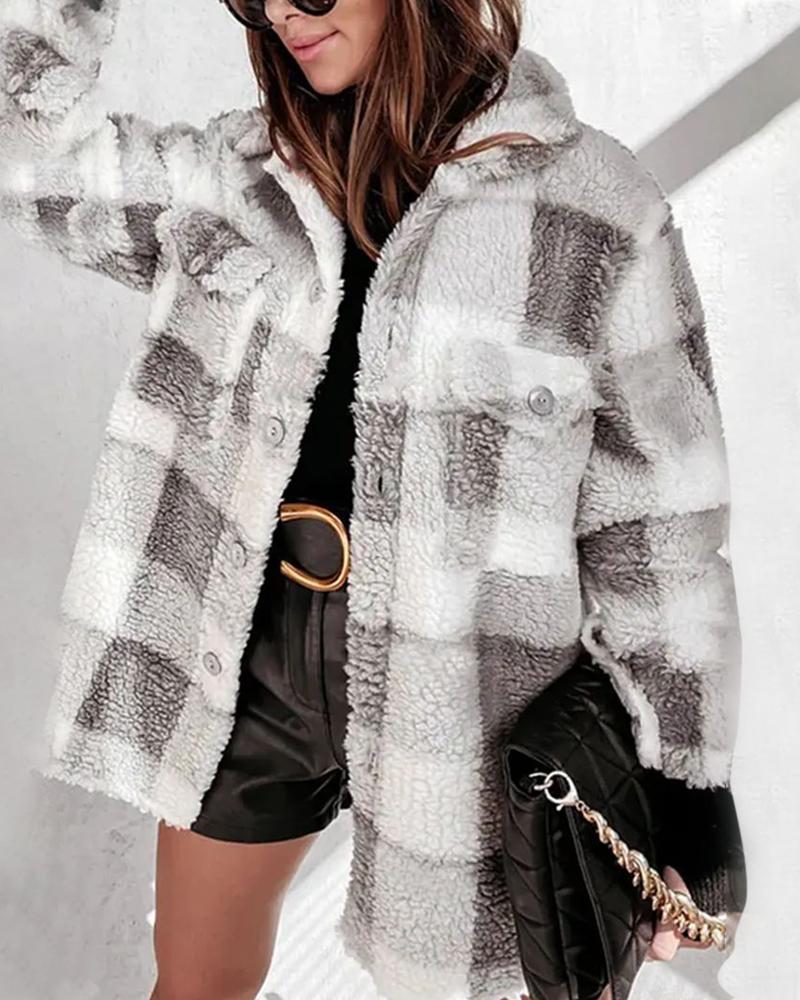 

Plaid Print Buttoned Teddy Coat, Gray