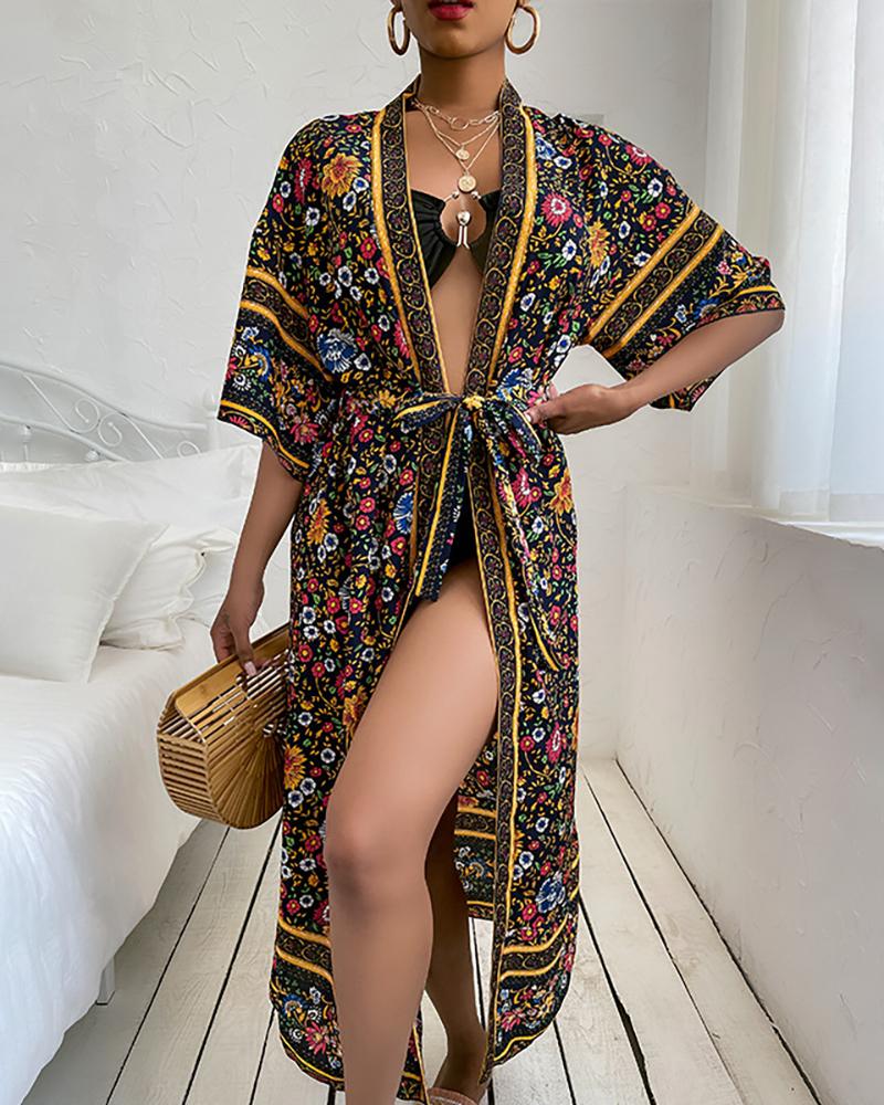 

Floral Print Half Sleeve Cover Up Dress With Belt, Black
