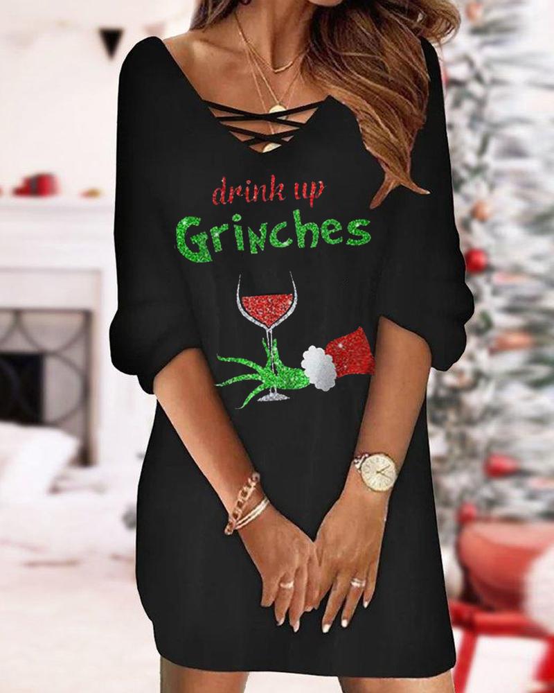 

Christmas Graphic Wine Glass Print Casual Dress, Black