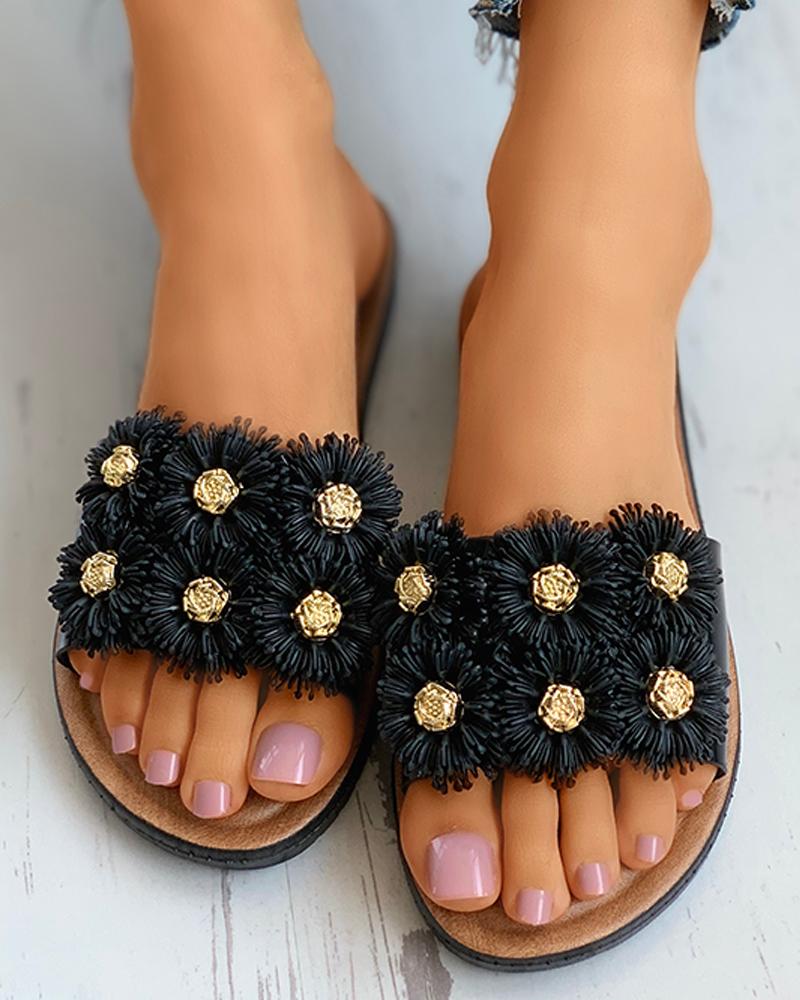 

Floral Pattern Detail Open Toe Flat Slider Sandals, Black