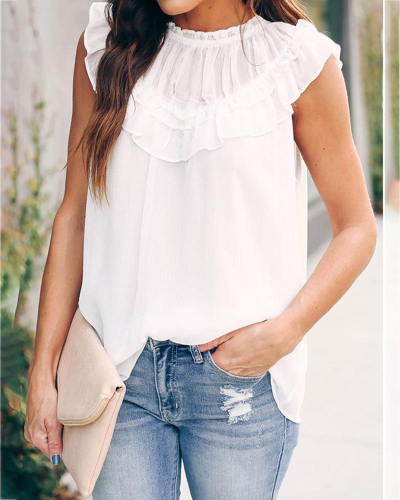 

Solid Round Neck Ruffles Women Top, White