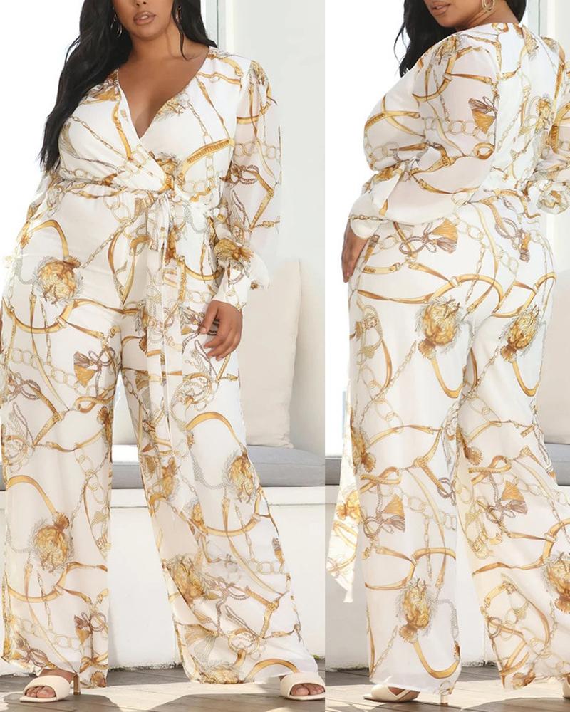 

Plus Size Chain Scarf Print Long Sleeve Belted Jumpsuit, White