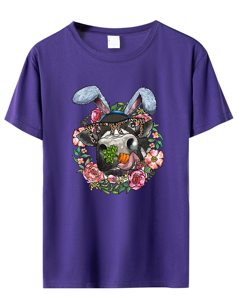 

Easter Cowboy Style Bunny Floral Print Casual T-shirt, Purple