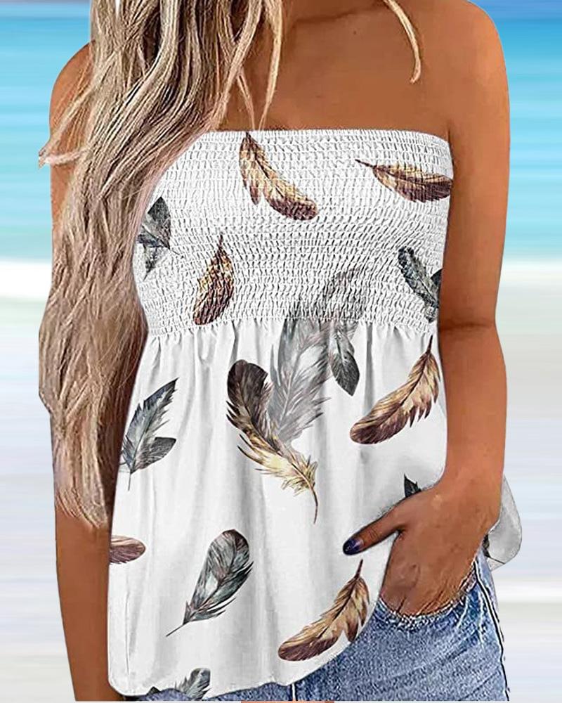 

Feather Print Shirred Tube Top, White