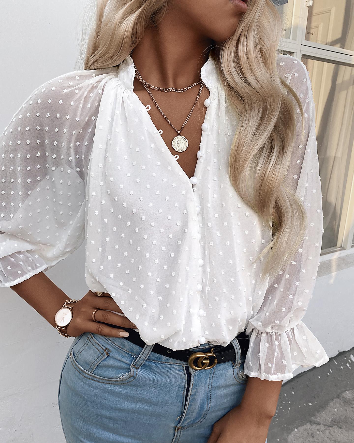 

Dots Button Long Sleeve Blouse, White