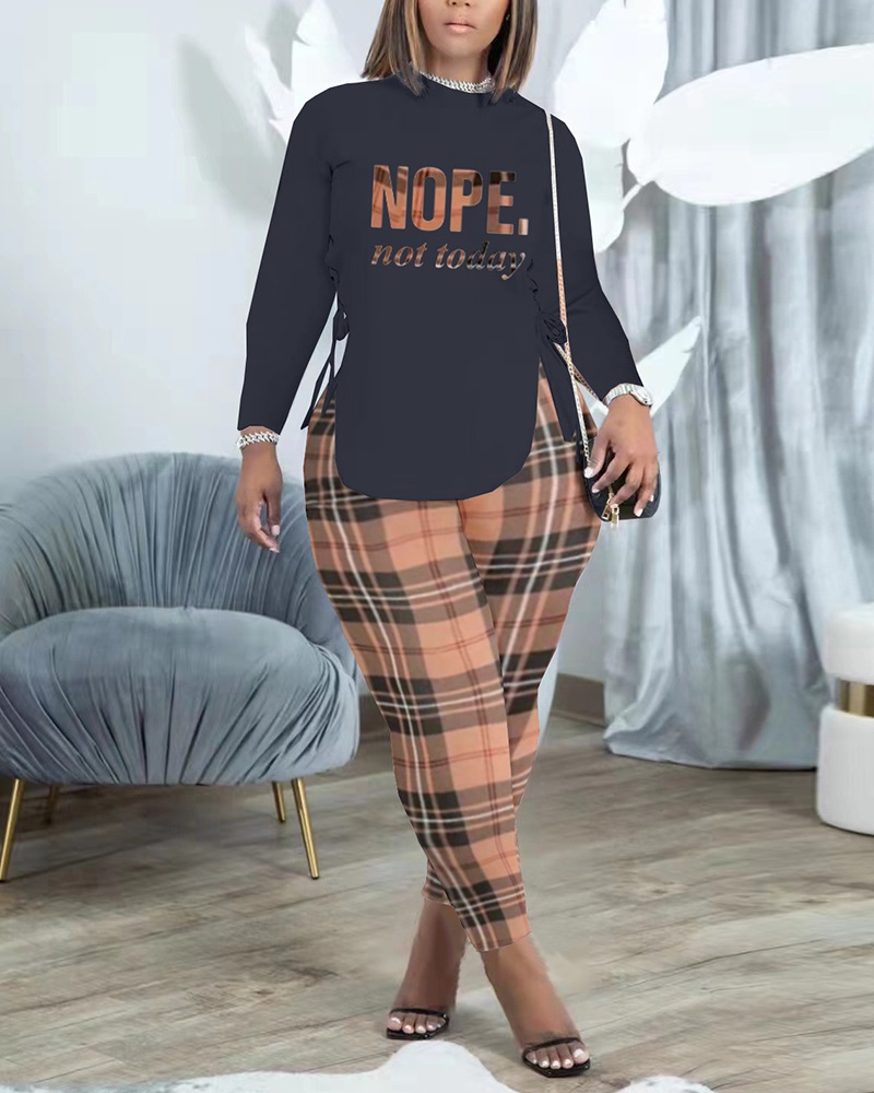

Plus Size Letter Plaid Print Long Sleeve Top & Pants Set, Black