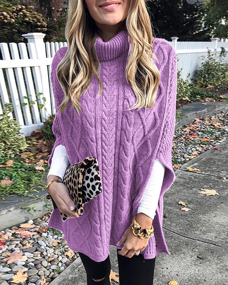 

High Neck Cloak Sleeve Braided Sweater, Purple