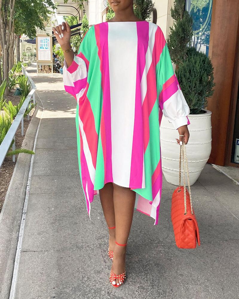 

Striped Colorblock Lantern Sleeve Casual Dress, Style2