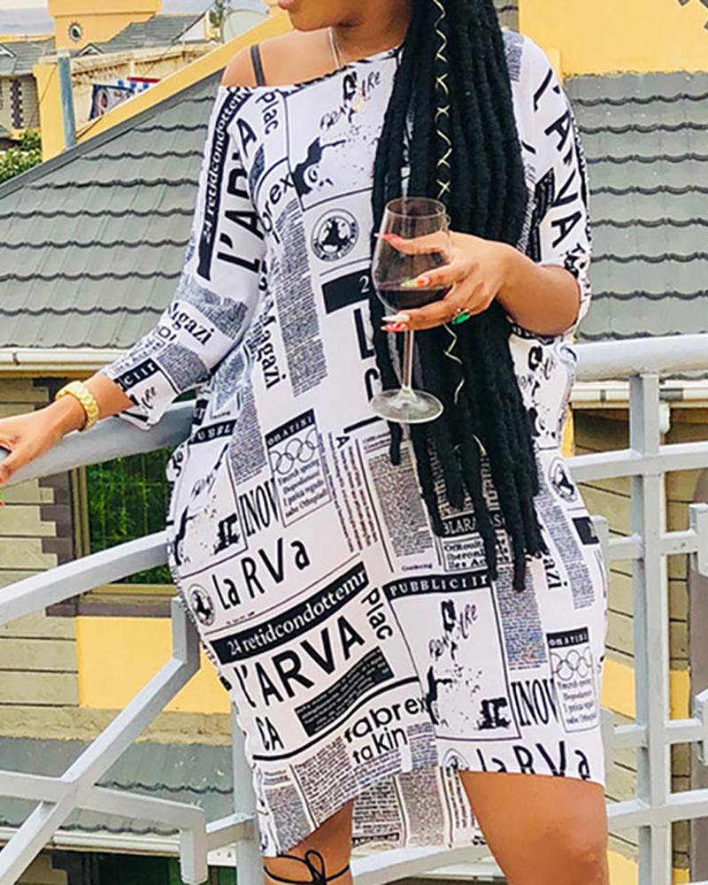

One Shoulder News Paper Print Casual Dress, White