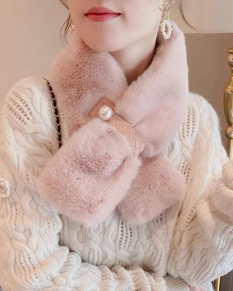 

1pc Warm Soft Fuzzy Wrap Around Loophole Scarf, Pink