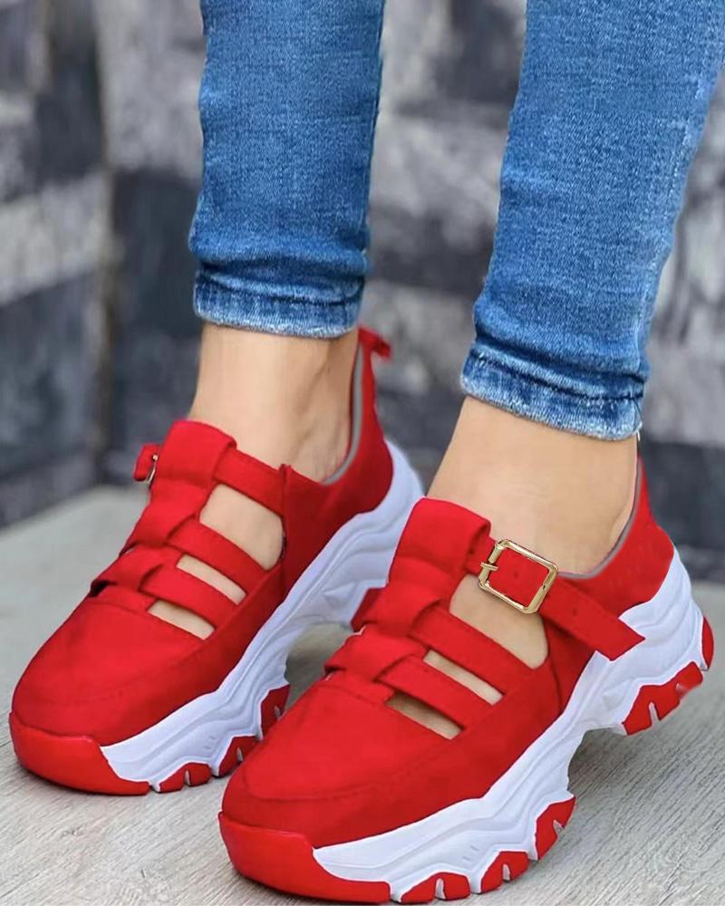 

Hollow Out Buckled Breathable Sneakers, Red