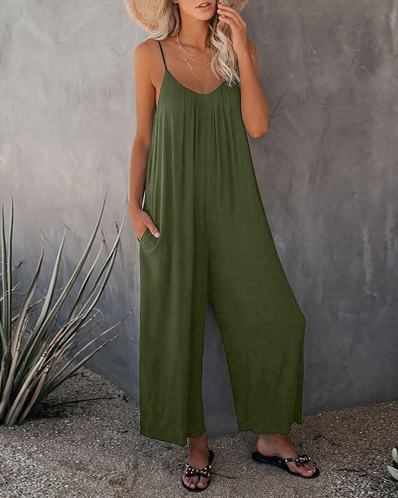 

Solid Strap Loose Wide Leg Jumpsuit, Army green