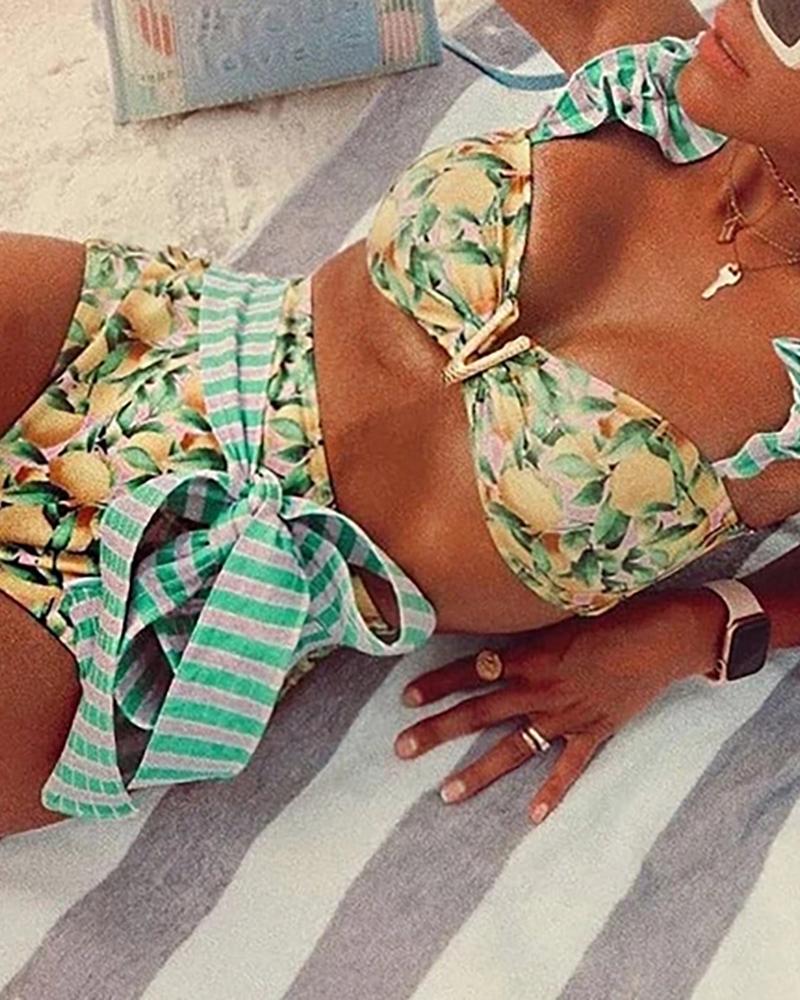 

Striped Fruit Print Frill Hem Bikini Set, Green