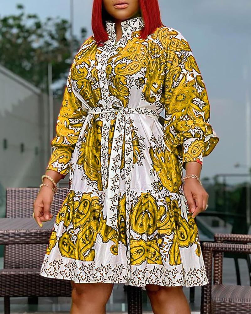 

Paisley Print Long Sleeve Casual Dress, Yellow