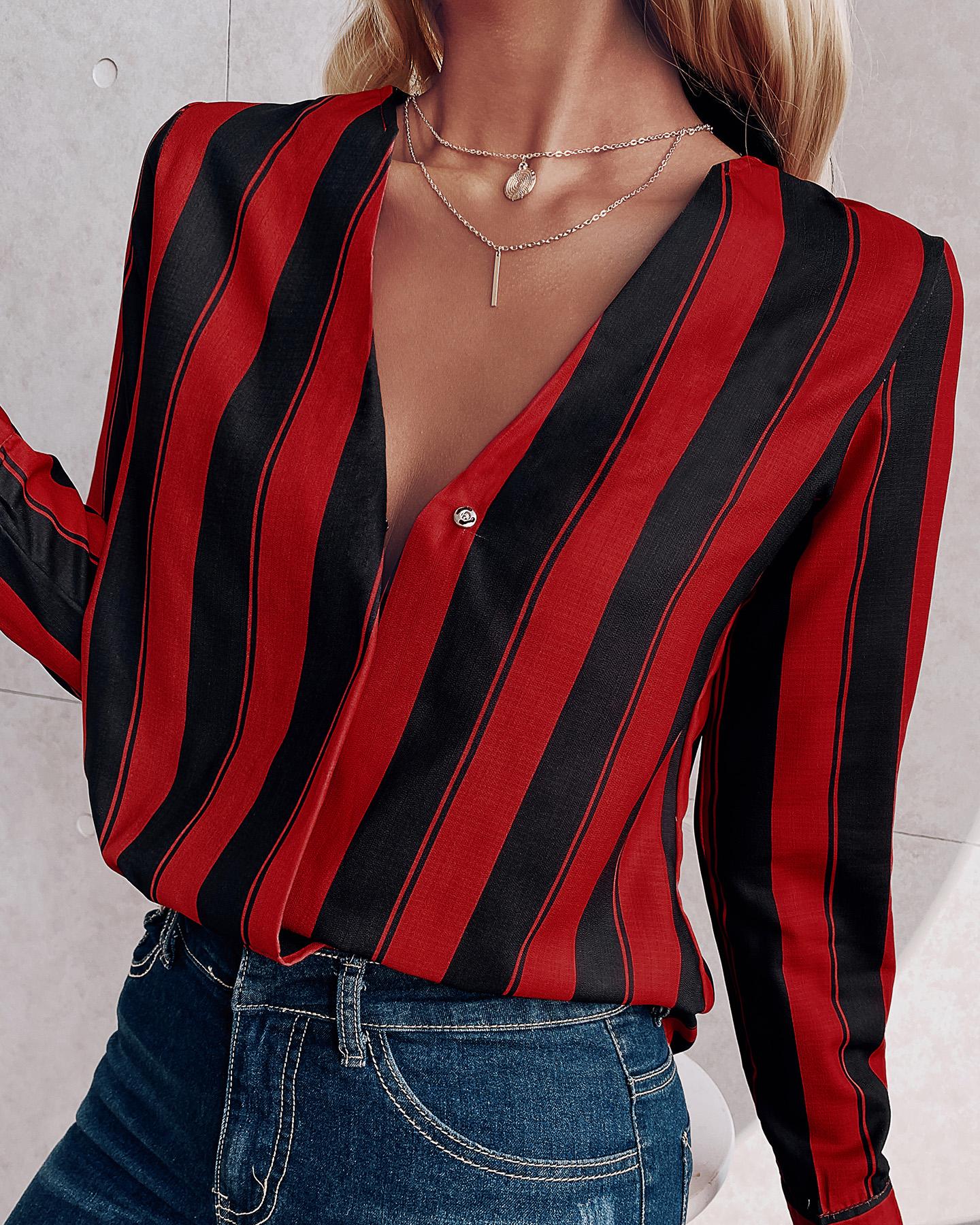 Stripes Deep V Long Sleeve Casual Blouse