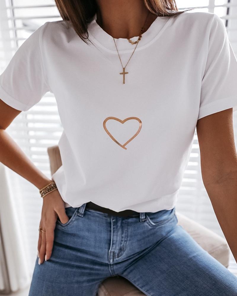 

Heart Print Short Sleeve Casual T-shirt, Gold