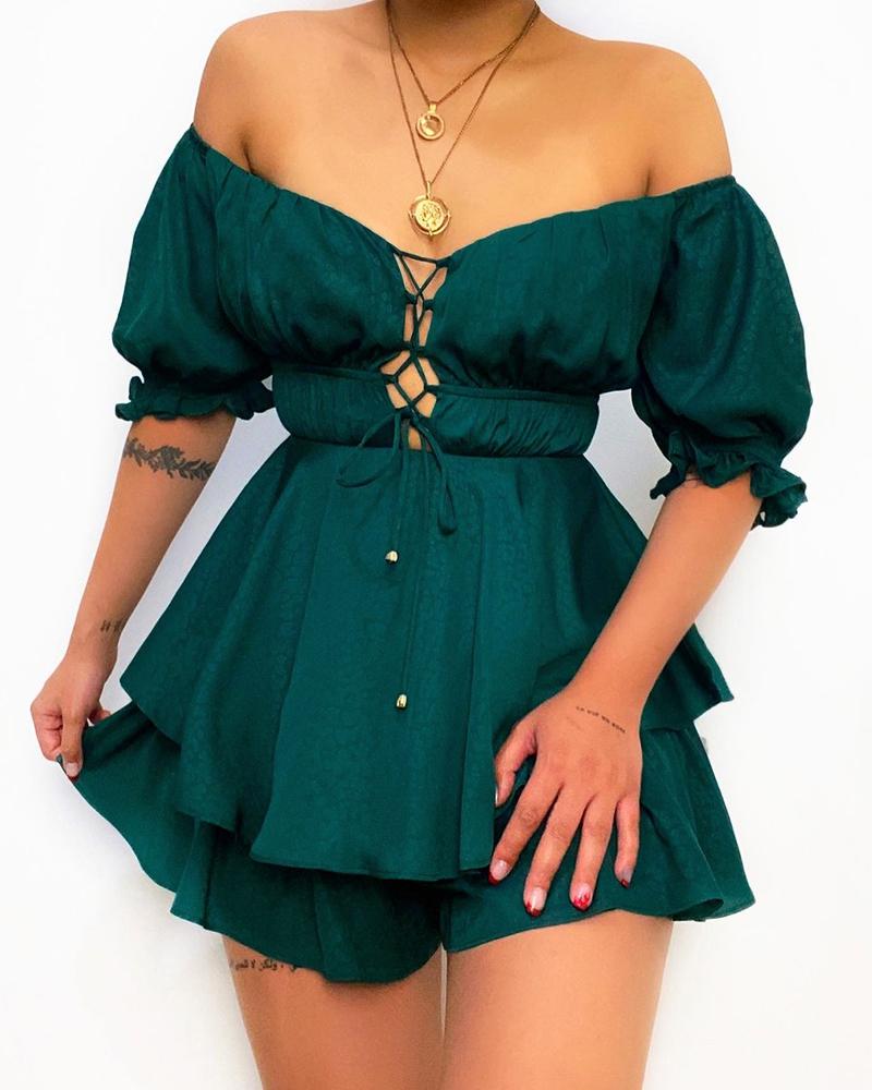 

Plain Off Shoulder Eyelet Lace Up Frill Hem Layered Romper, Green