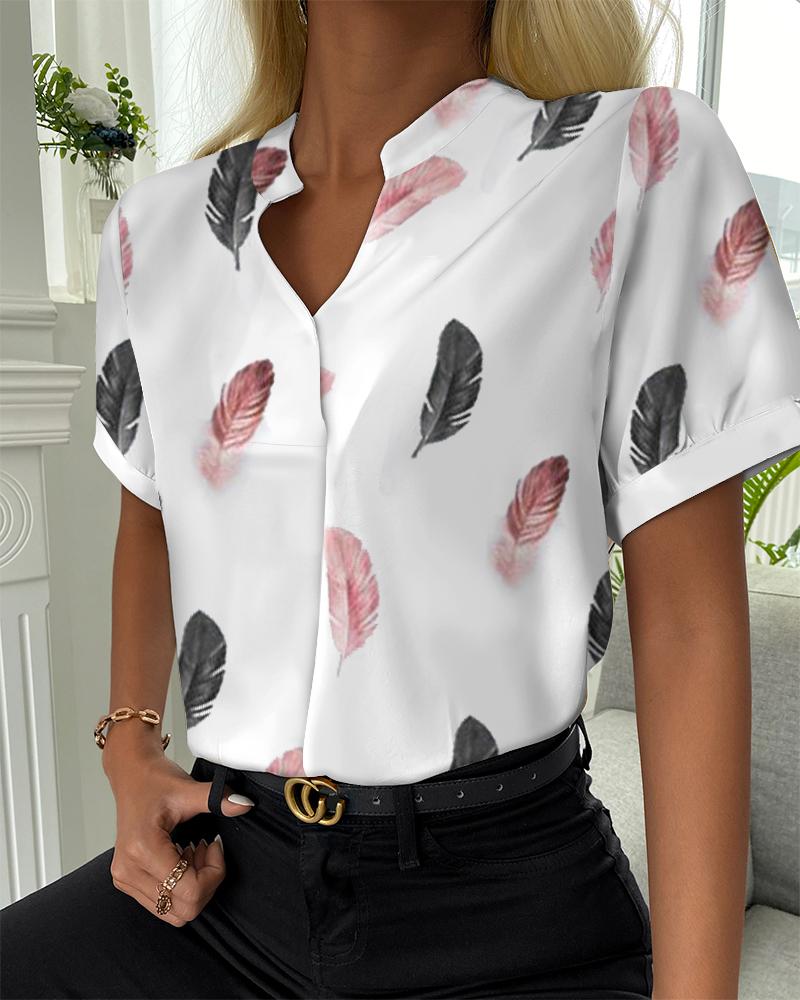 

Feather Print Short Sleeve Casual Top, White