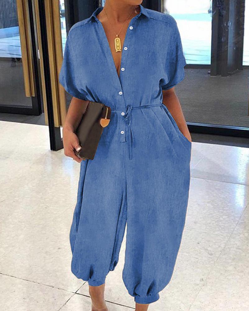 

Short Sleeve Buttoned Pocket Design Dneim Jumpsuit, Light blue