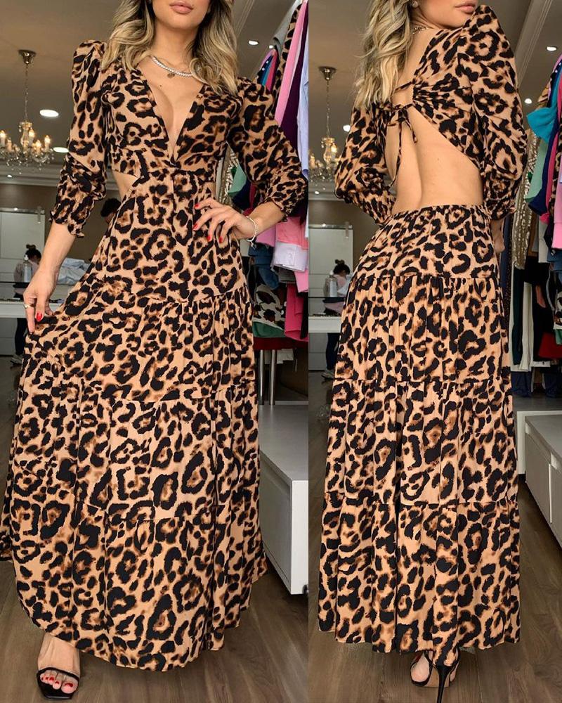 

Cheetah Print Puff Sleeve Cutout Backless Dress, Leopard