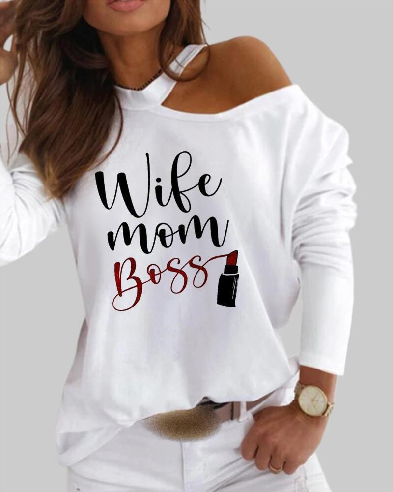 

Mother' Day Wife Mom Boss Lipstick Print Cold Shoulder Top, White