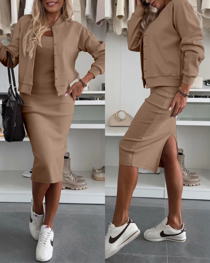 

2 Pieces Outfit Square Neck Sleeveless Slit Back Bodycon Dress and Button Front Baseball Coat Set, Khaki