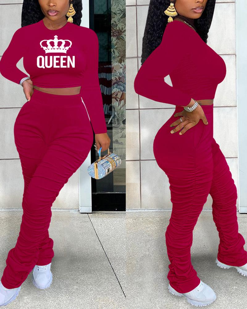 

Queen Crown Print Crop Top & Ruched Pants Set, Red