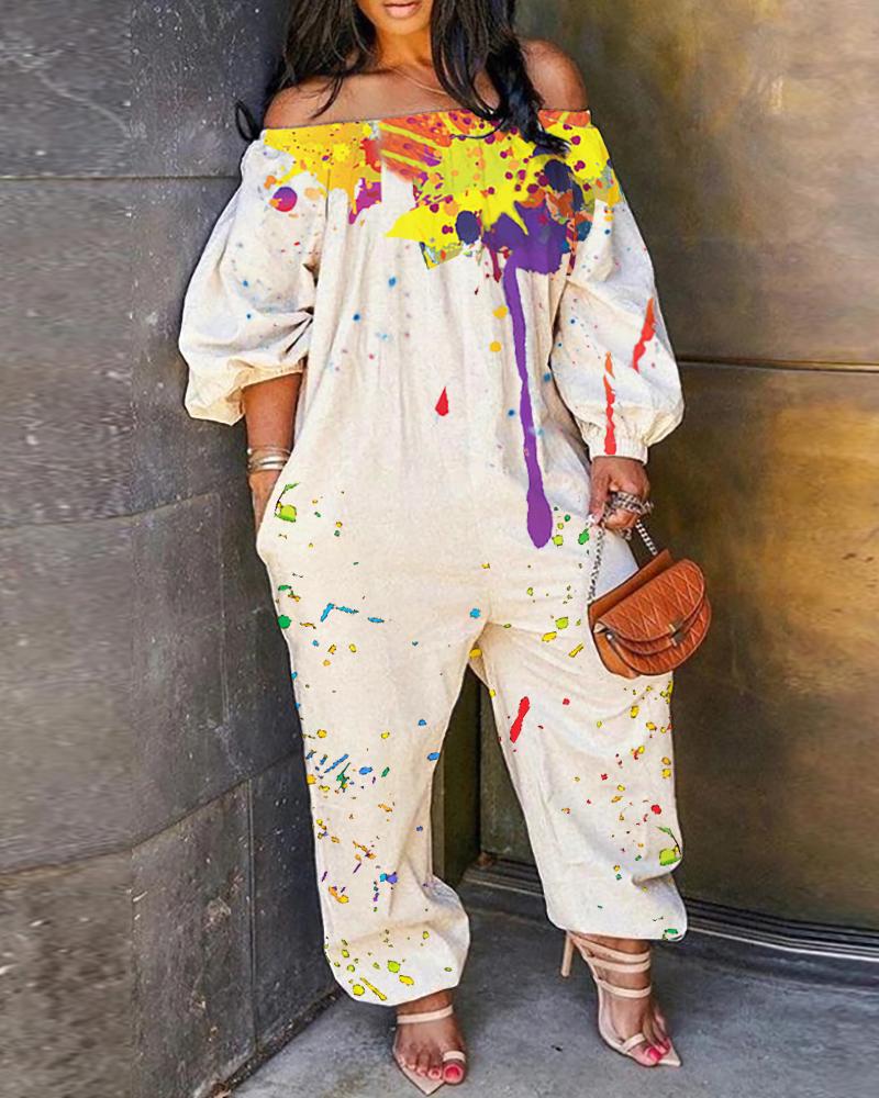 

Ink Splash Print Off Shoulder Lantern Sleeve Jumpsuit, White