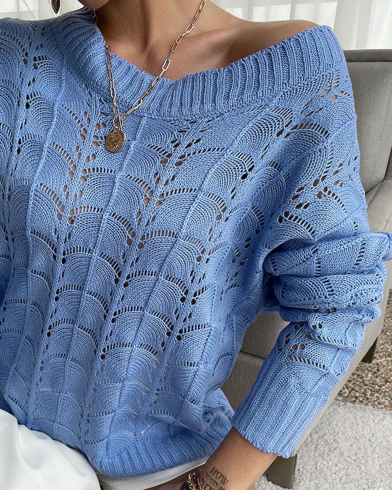 

Hollow Out Long Sleeve Casual Knit Sweater, Blue