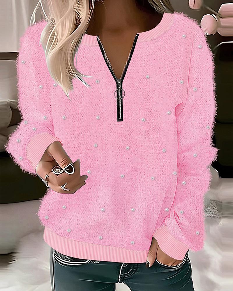 

Zipper Design Pearls Decor Fuzzy Top, Pink