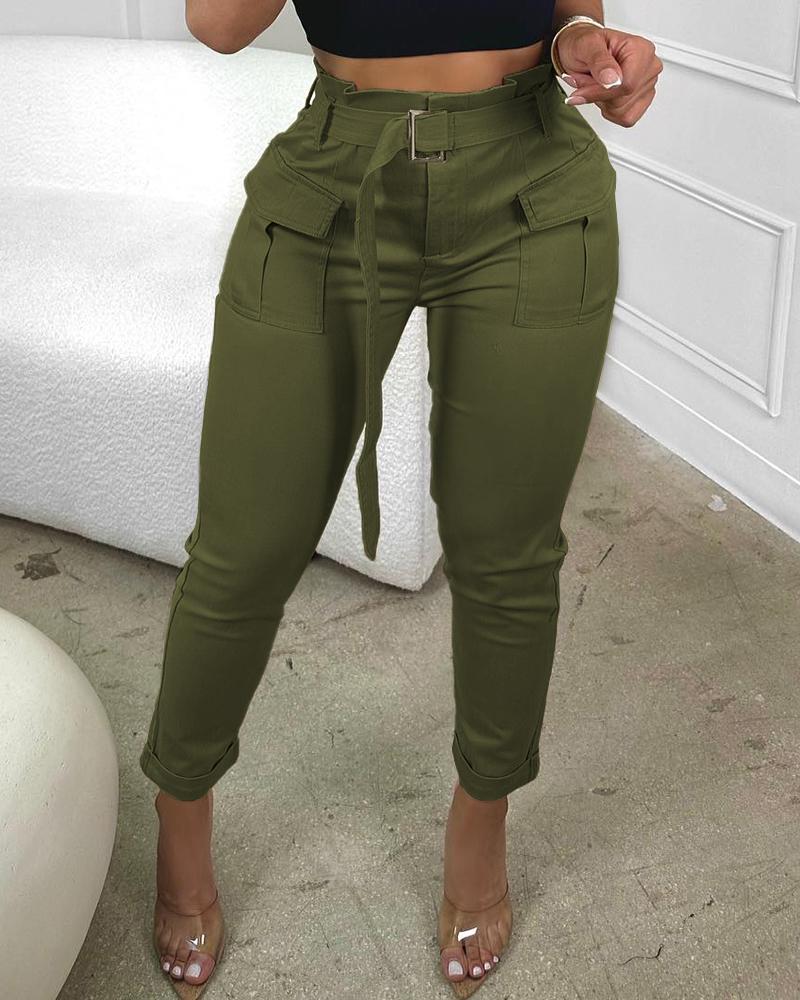 

High Waist Pocket Design Cargo Pants With Belt, Army green