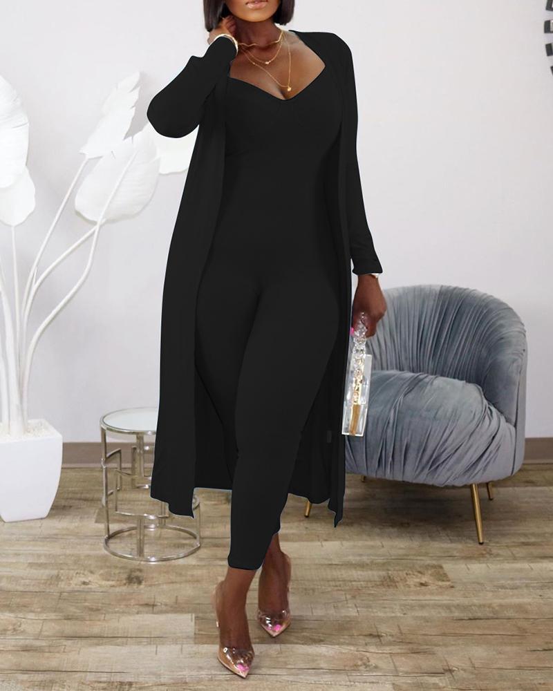 

Ribbed Plain Skinny Jumpsuit & Longline Coat Set, Black