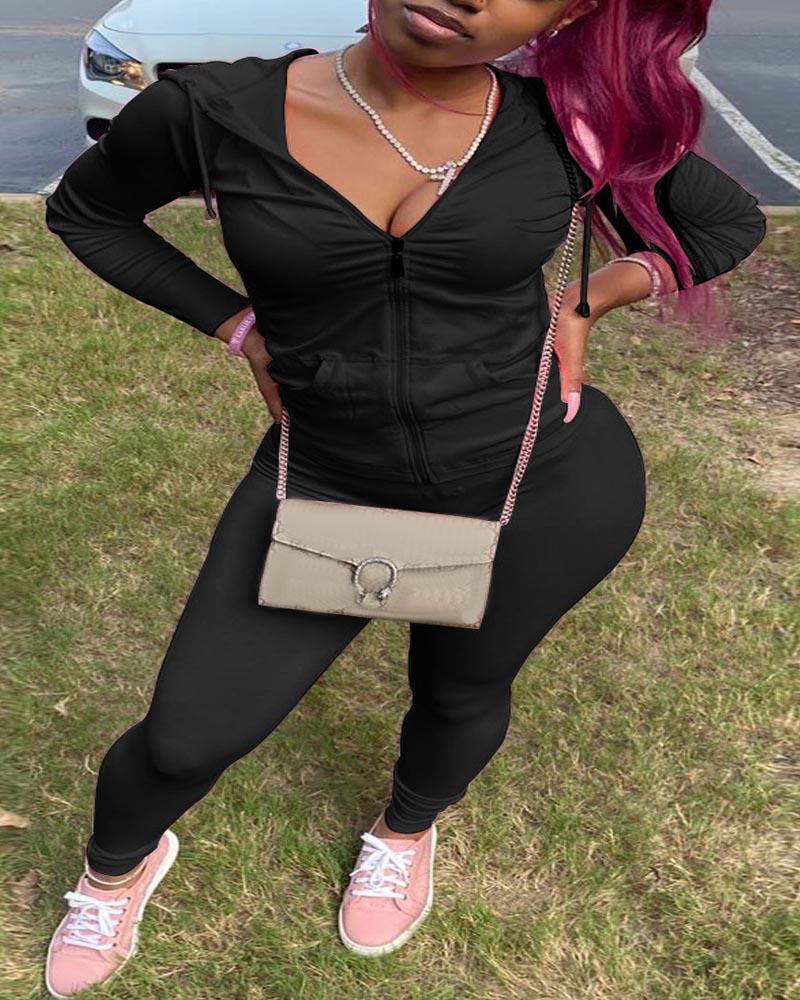 

Plus Size Long Sleeve Hooded Zip Up Top & Pants Set, Black