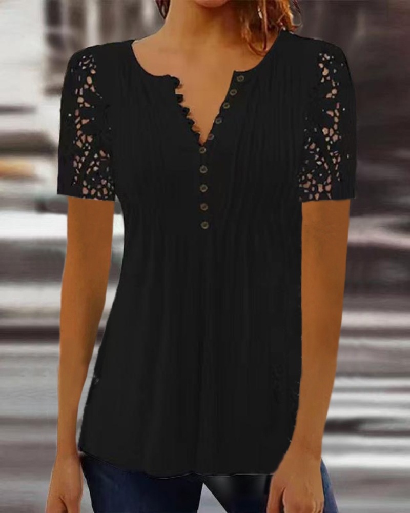 

Lace Patch Button Front Casual T-shirt, Black