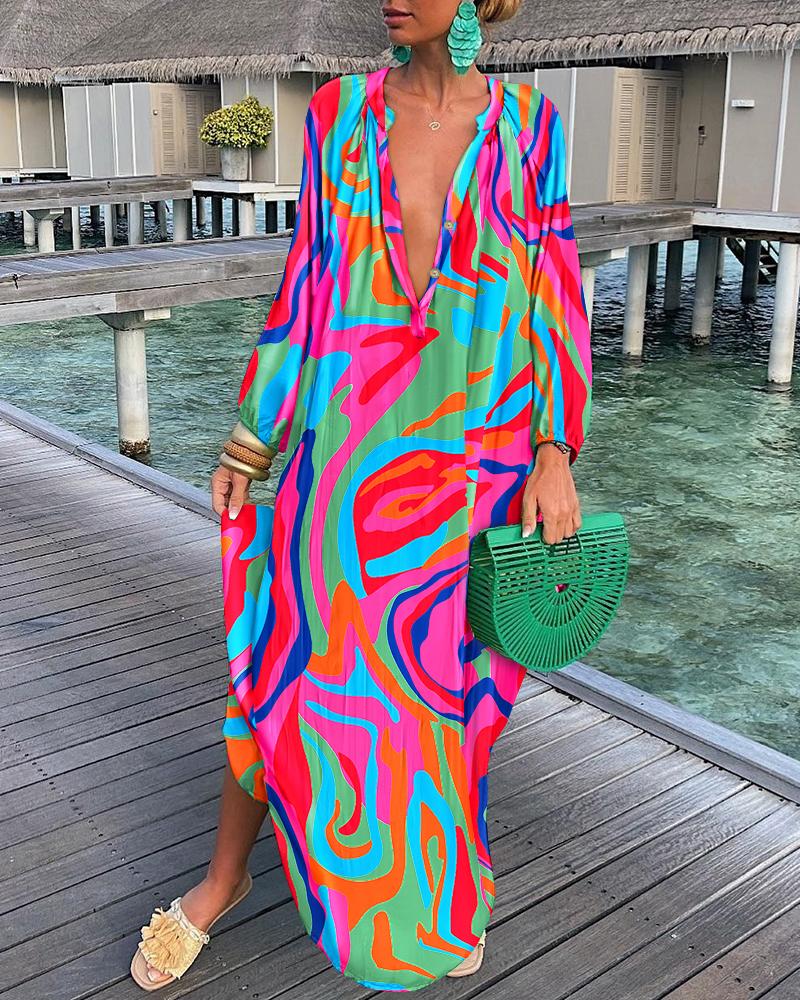 

Abstract Print Button Front Long Sleeve Shirt Dress, Multicolor
